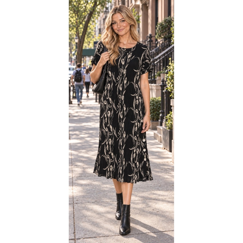 La Cera Maxi Dress Womens Large Black Cream Floral Crinkle Rayon Excellent Slit